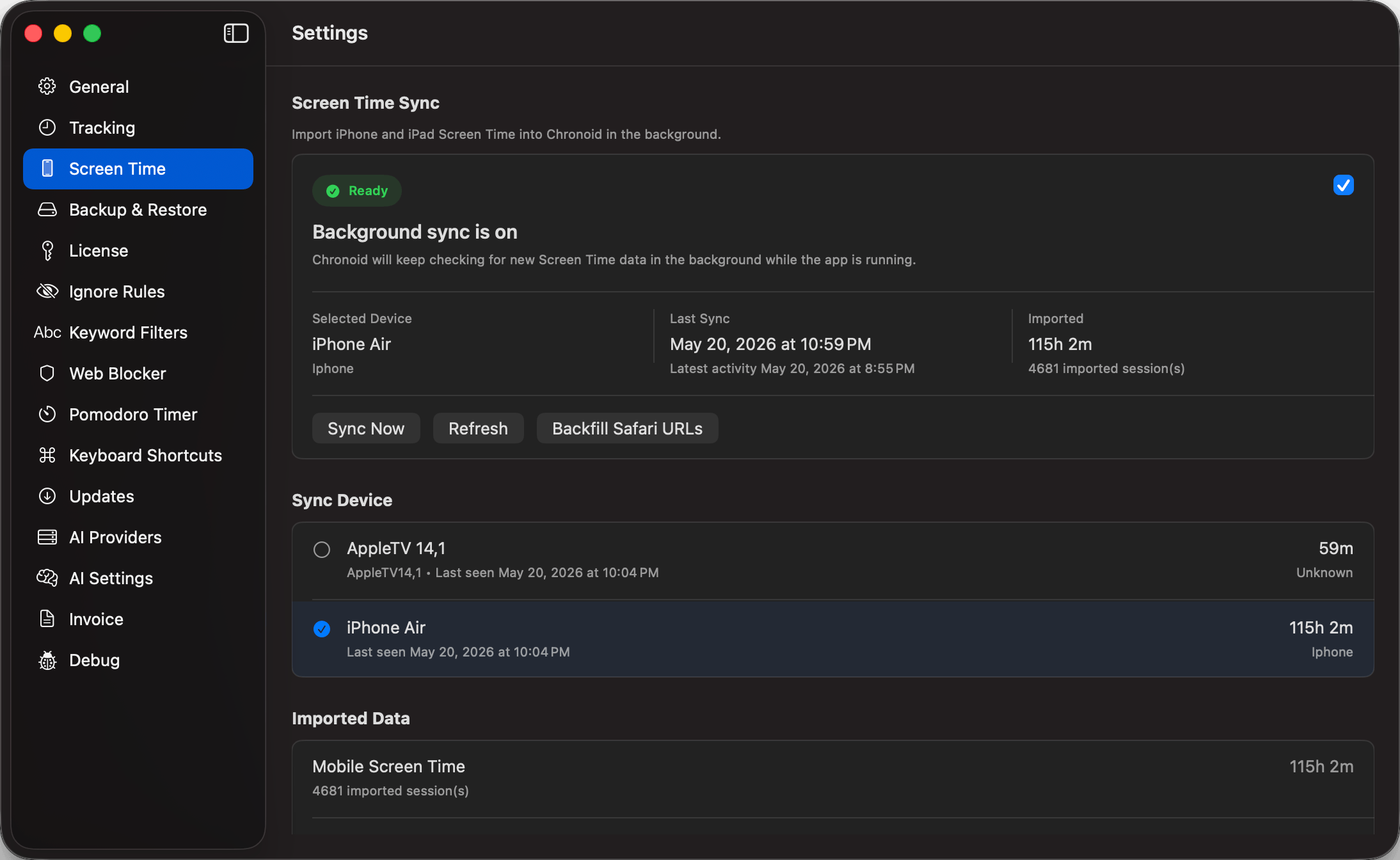 Chronoid Screen Time settings pane showing background sync, selected device, imported data, and sync controls.