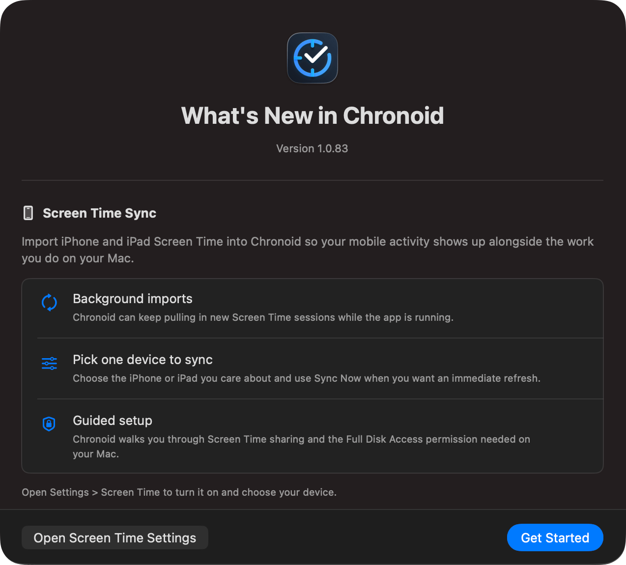 Chronoid What's New screen introducing Screen Time Sync with background imports, single-device sync, and guided setup.