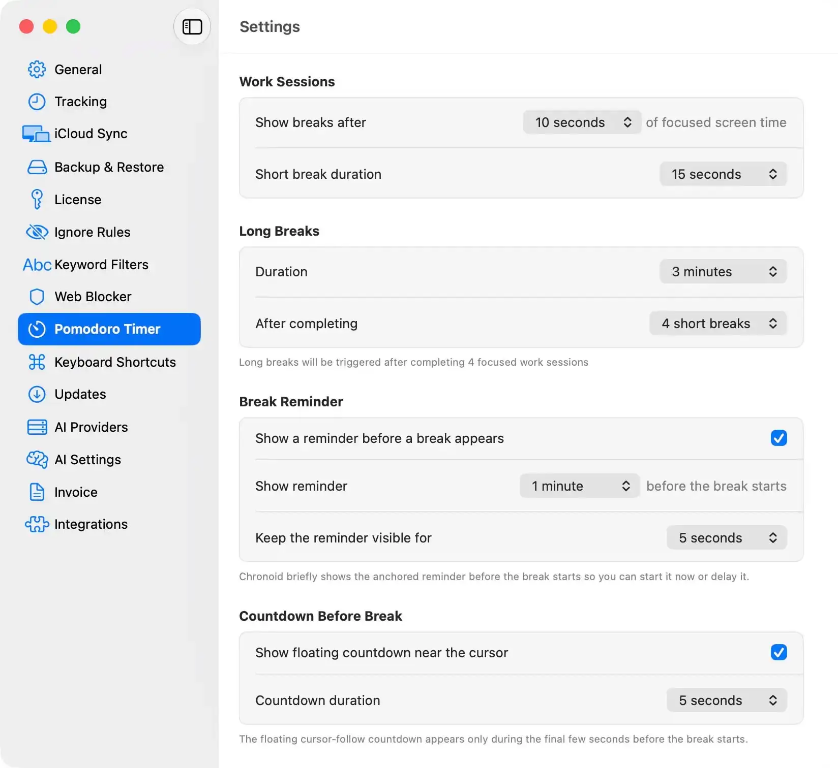 Chronoid's Pomodoro Timer settings showing work sessions, breaks, reminders, and countdown options